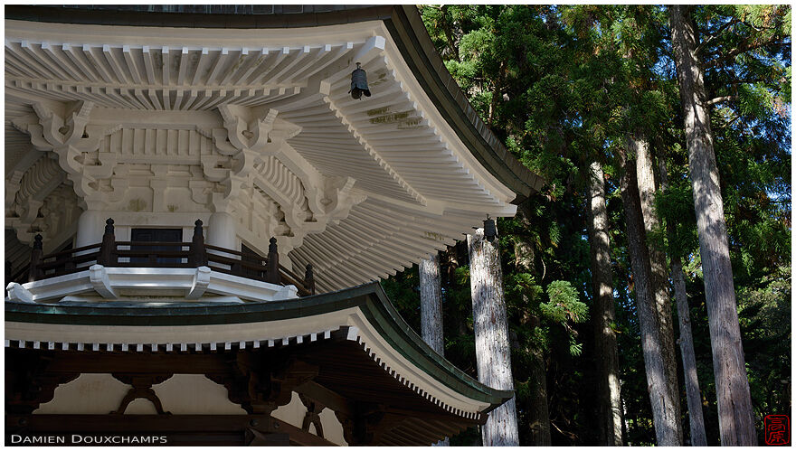 White hexagonal pagoda detail, Danjogaran temple, Koyasan, Japan