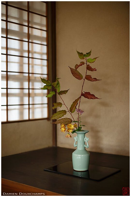 Seasonal ikebana floral composition in Shodensanso tea room, Kyoto, Japan