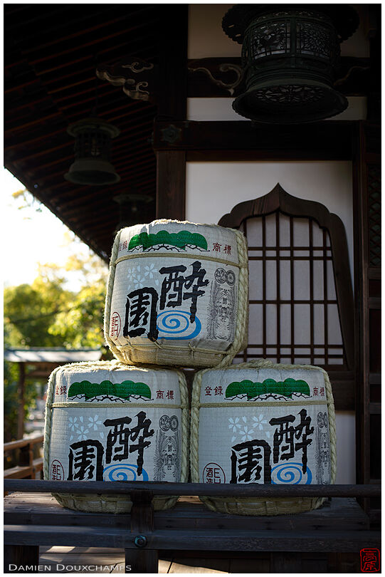 Large sake barrels offered to Hoju-ji temple, Kyoto, Japan