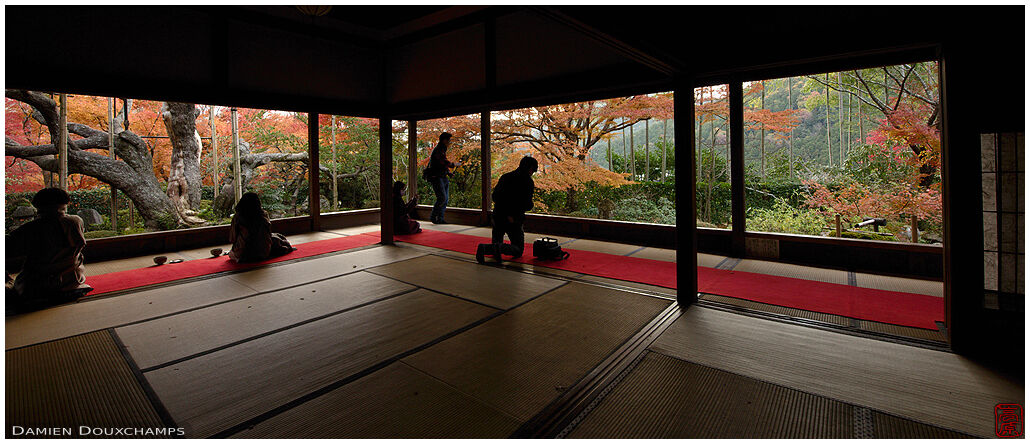 Few tourists relaxing on a quiet autumn afternoon in Hosen-in temple, Kyoto, Japan