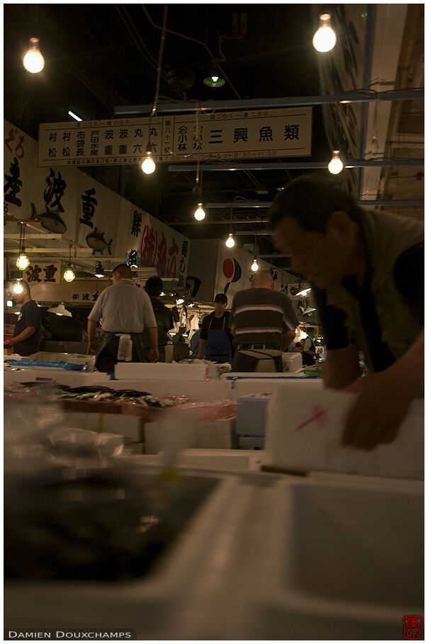 Selling a few last boxes of fish at Tsukiji market, Tokyo