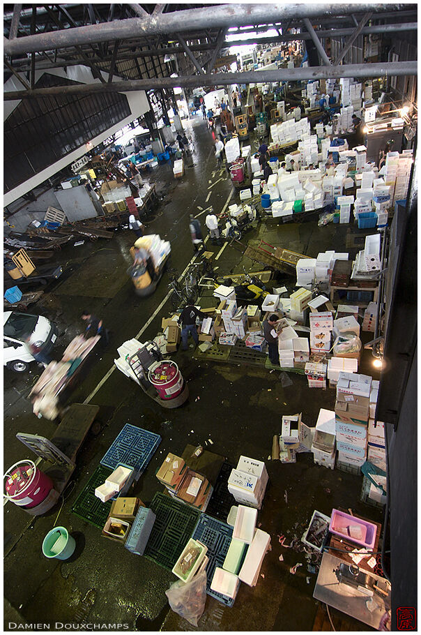 Overlooking an indoor loading area in Tsukiji market, Tokyo