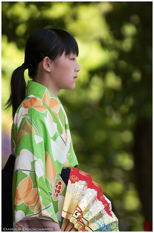Young girl with fan in traditional dress looking in the distance