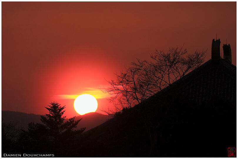 Sun setting at the foot of Todaiji's roof