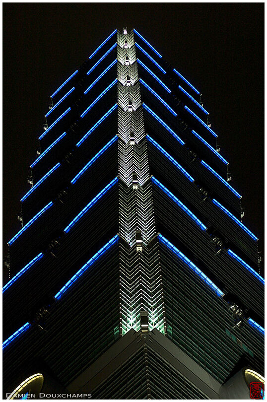 Taipei 101 at night in its blue dress